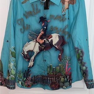 Teal Western Cowboy Print Shirt